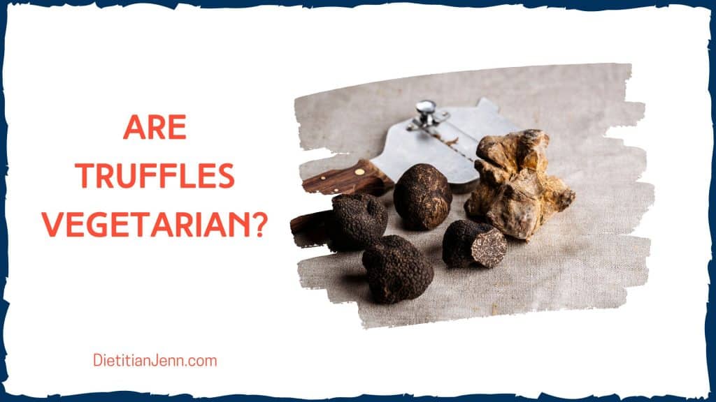 "are truffles vegetarian" in red text with a picture of black truffles and a truffle cutter on a canvas background