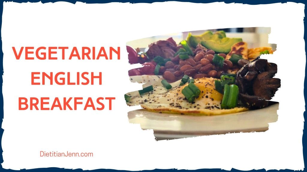 text: vegetarian english breakfast with a picture of the recipe on a white circular plate with a silver rim
