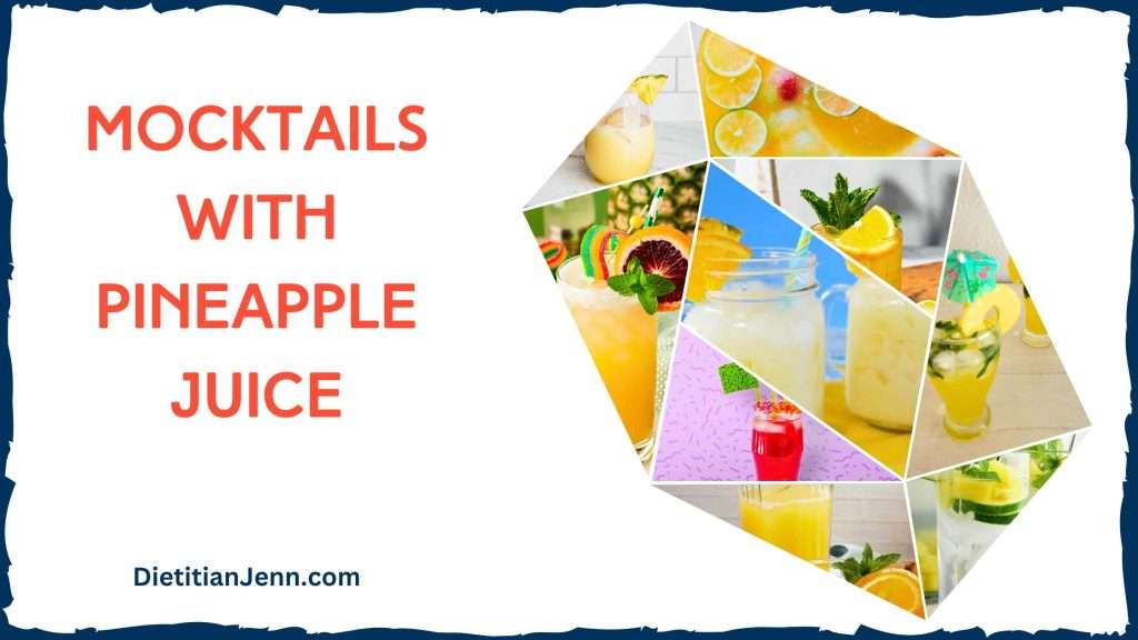 red text: "mocktails with pineapple juice" next to a collage of various mocktails in the shape of a diamond