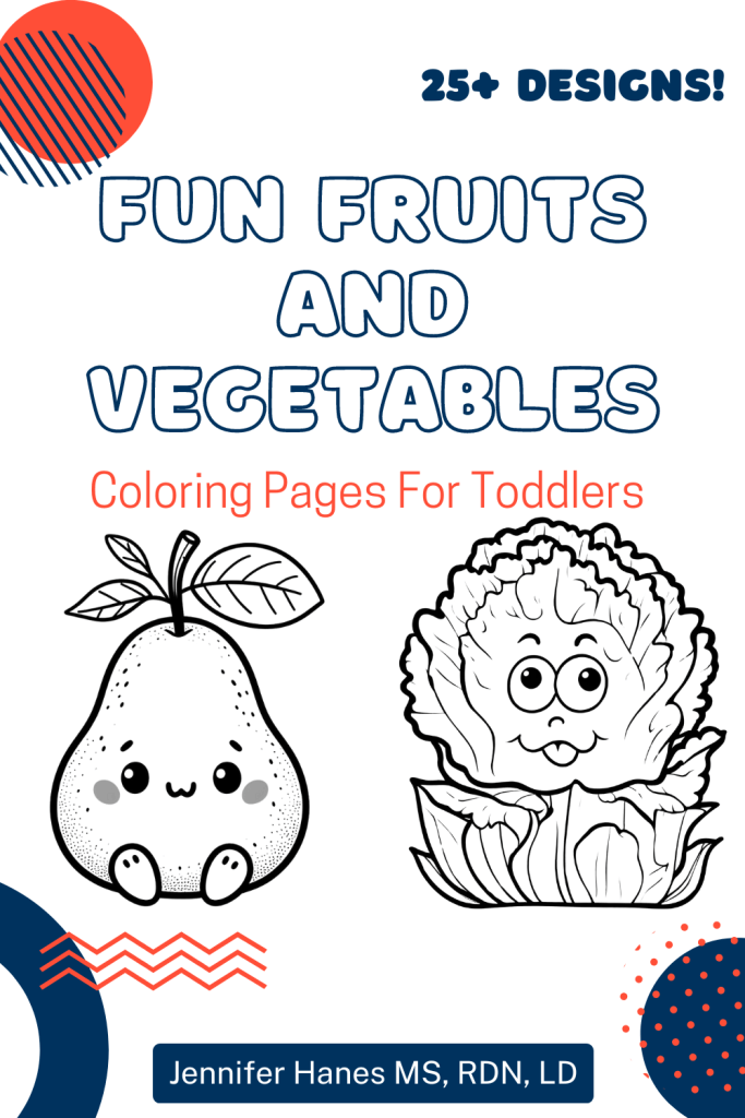 Cover of a toddler coloring book with a pear and lettuce with silly faces.