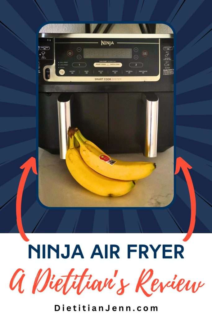 A black ninja air fryer over a blue background, the text "Ninja Air Fryer: A Dietitian's Review is underneath.