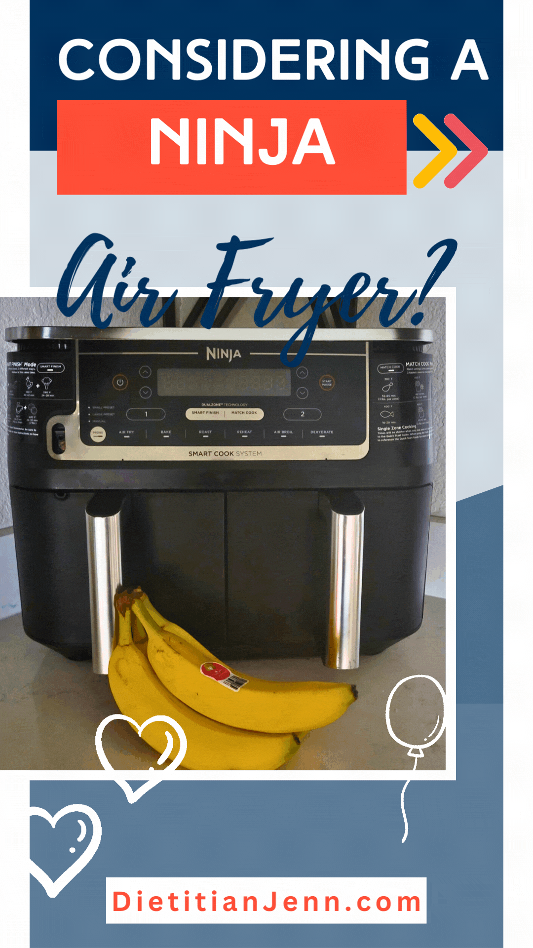 a black dual basket air fryer overlaid with text "considering a ninja air fryer?" there are simple graphics highlighting the picture and text.