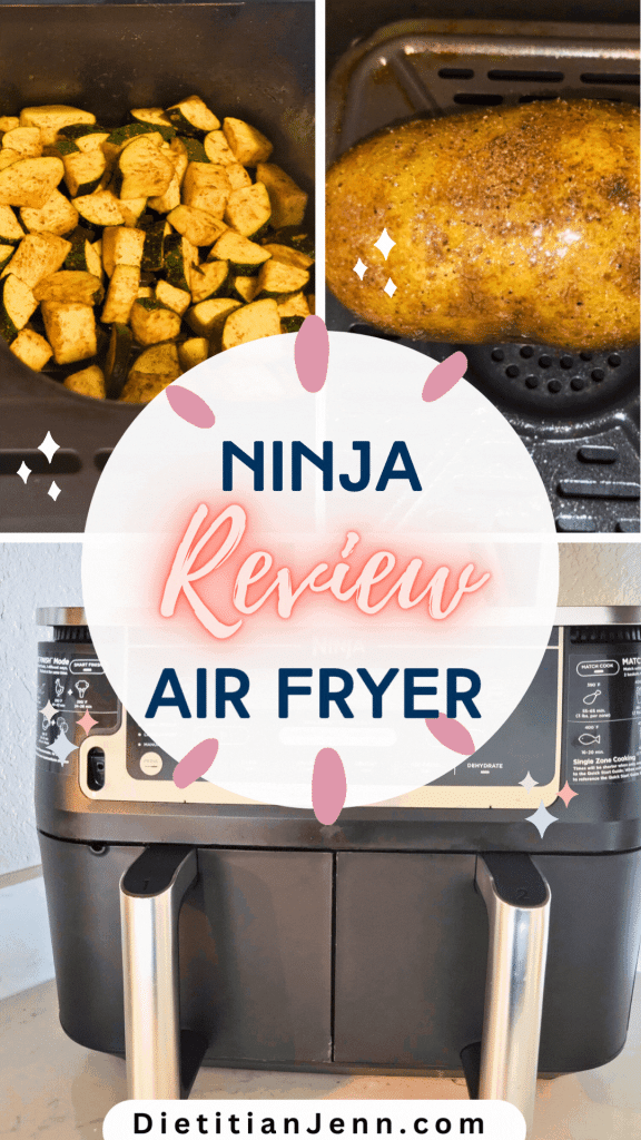 collage of 3 pictures of the ninja air fryer in use under text that reads Ninja Air Fryer Review