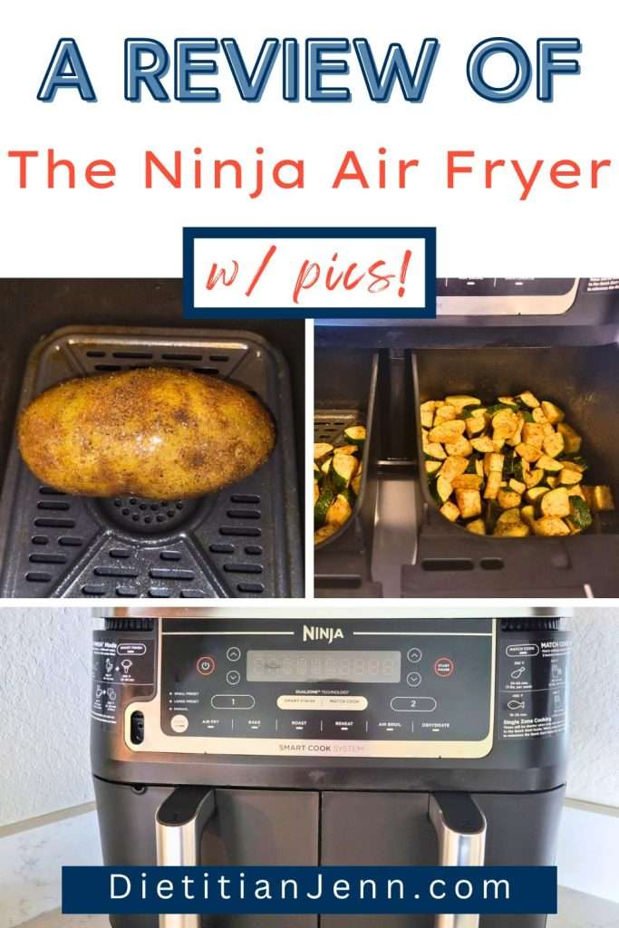 text: a review of the ninja air fryer w/ pics above an image of a black ninja air fryer