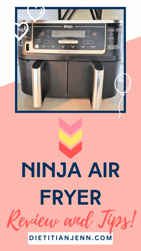 a black ninja air fryer centered over a white and pink background. Text reads "ninja air fryer Review and tips!" There are animated graphics of hearts, a balloon and arrows that point to the text.