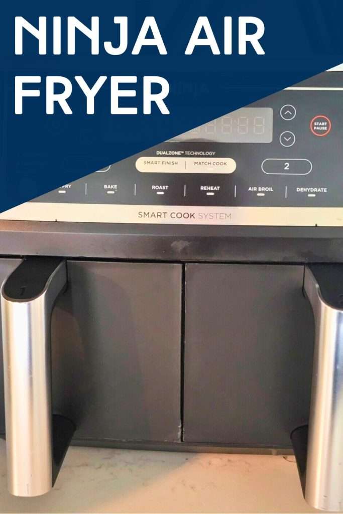Ninja air fryer with a dark blue triangle over it. on the triangle is the text "Ninja Air Fryer"