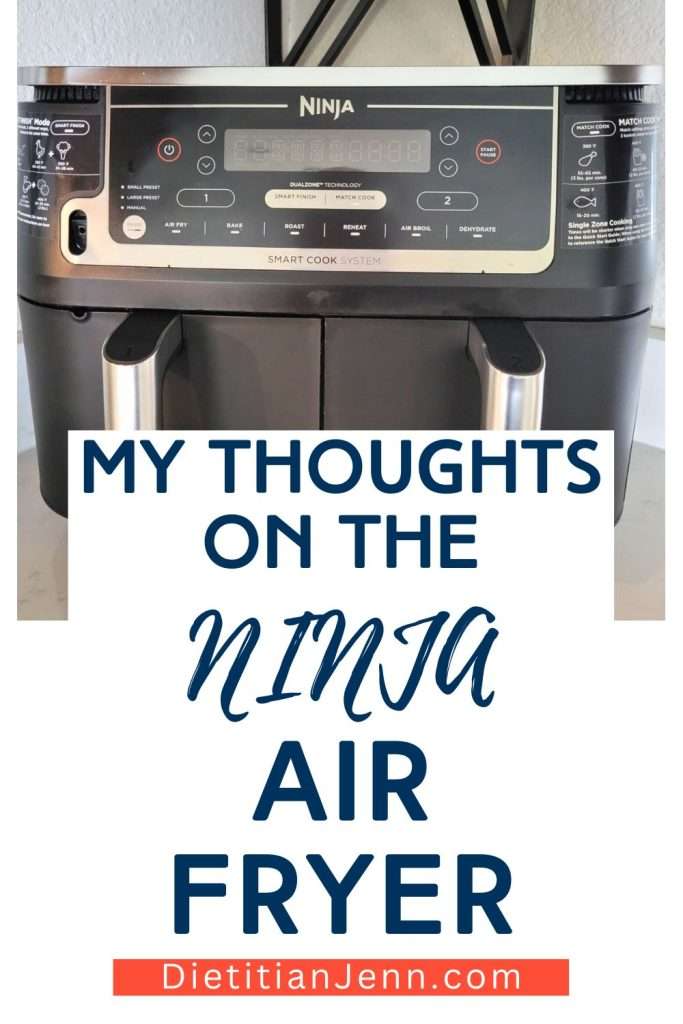 A dual basket air fryer above text that reads "my thoughts on the ninja air fryer"