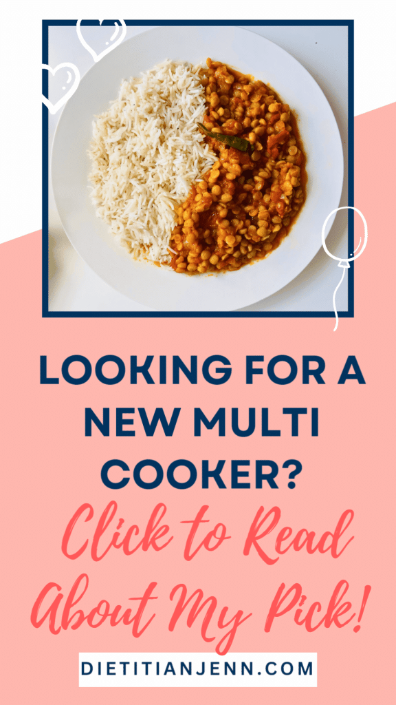 rice and lentils on a white plate above the text "Looking for a new multi cooker? Click to read about my pick!"