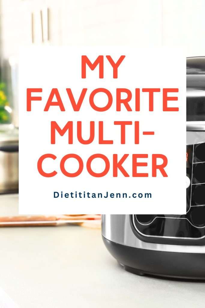 Red text "My favorite multi-cooker" overlaid on an image of a slow cooker on a kitchen counter.