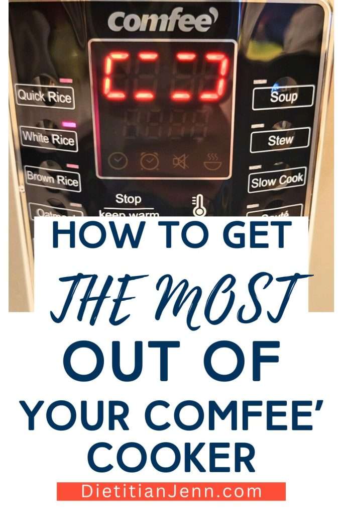 front of a comfee' rice cooker over dark blue text "How to get the most out of your comfee' cooker"
