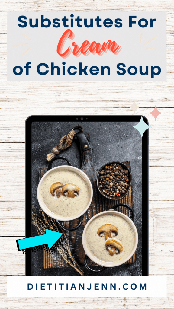 blue and red text on a white background "Vegetarian Substitutes for Cream of Chicken Soup" above an image of cream of mushroom soup in black and white bowls on a dark background, all on a white wooden background.