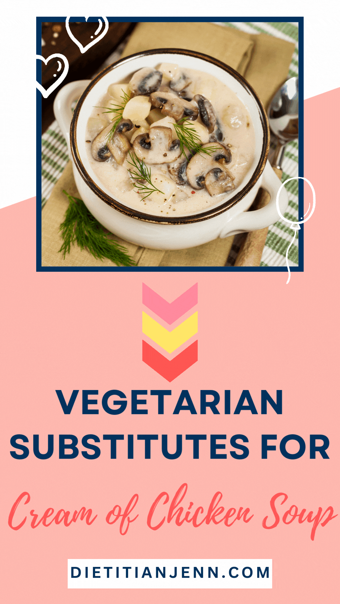 blue and red text on a pink background "Vegetarian Substitutes for Cream of Chicken Soup" of potato soup garnished with sliced, sauteed mushrooms and dill on a green and white checked tea towel.