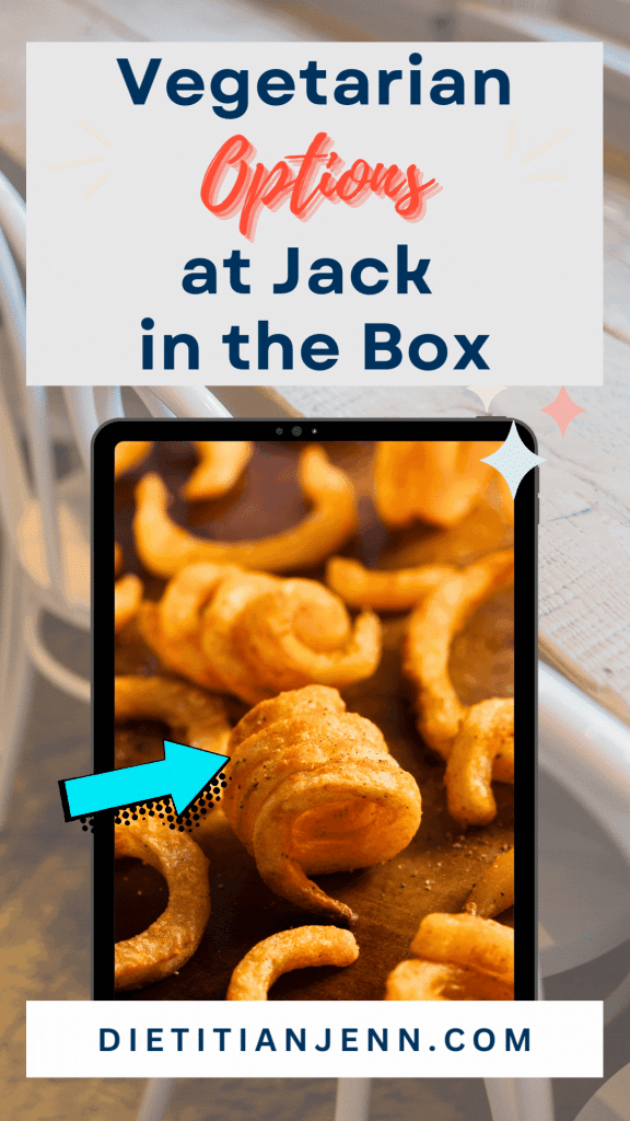 curly fries in single layer on brown sheet pan overlaid on an image of a restaurant booth. text overlay reads "vegetarian options at jack in the box"
