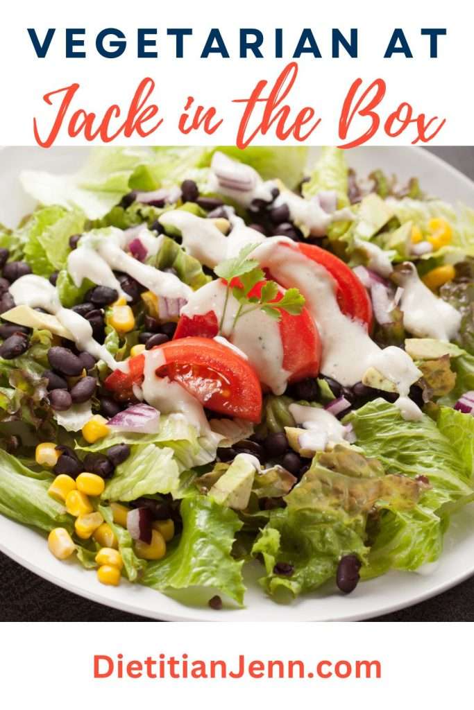 southwest salad with a drizzle of ranch dressing in a white bowl. text above reads, "vegetarian at jack in the box"