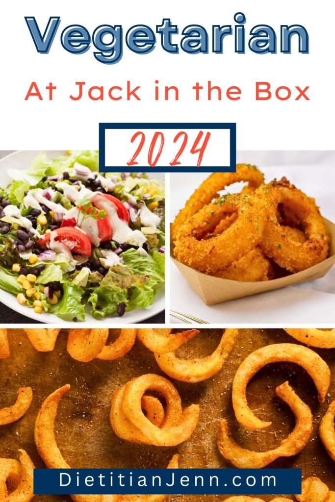 text "vegetarian at jack in the box 2024" above a photo collage of a salad, onion rings, and curly fries.