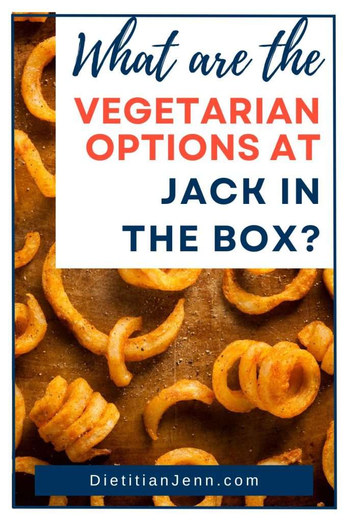 curly fries in single layer on brown sheet pan overlaid on an image of a restaurant booth. text overlay reads "what are the vegetarian options at jack in the box?"