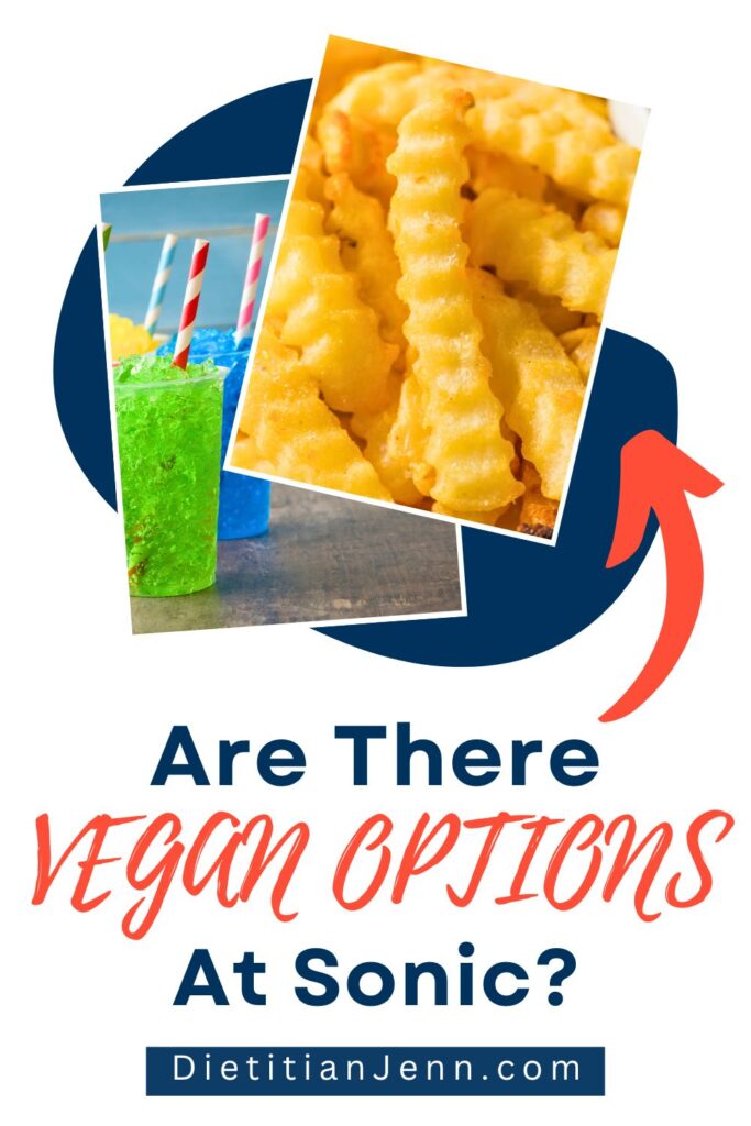 slushies and crinkle cut fries on a blue background. Text below reads, "Are there vegan options at Sonic?"