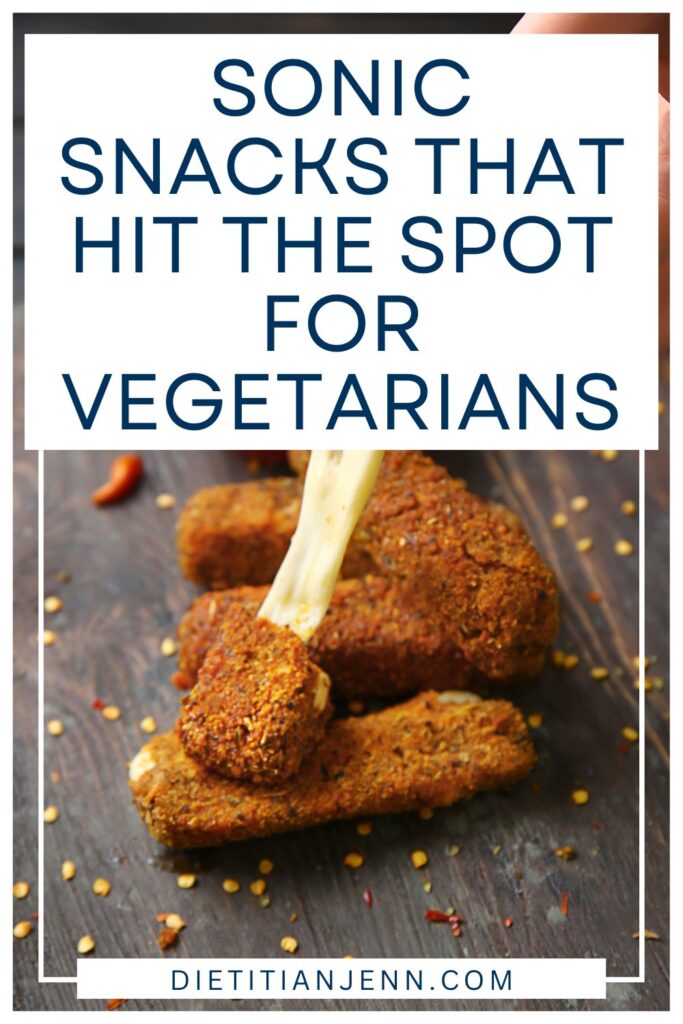 mozzarella sticks with stretched cheese on a dark wooden surface. text above reads, "Sonic Snacks That Hit the Spot for Vegetarians"