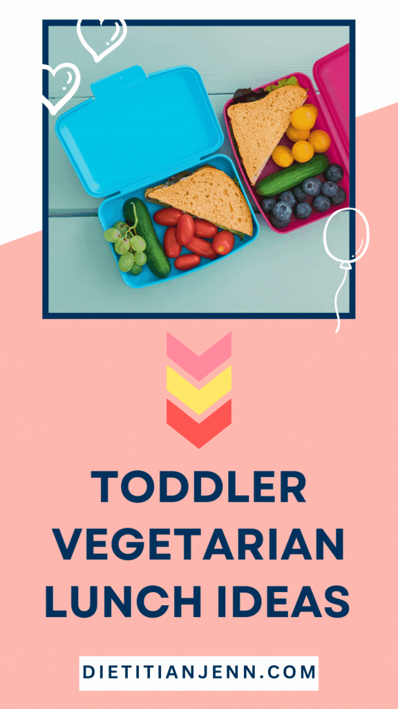 1 blue and 1 pink lunch boxes, each with half a sandwich, cherry tomatoes, small cucumber, and blueberries above text "Toddler Vegetarian Lunch Ideas"