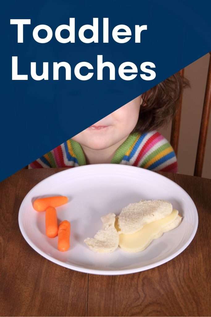 white text on dark blue background "toddler lunches" above an image of a toddler with a half eaten heart shaped cheese sandwich and carrots