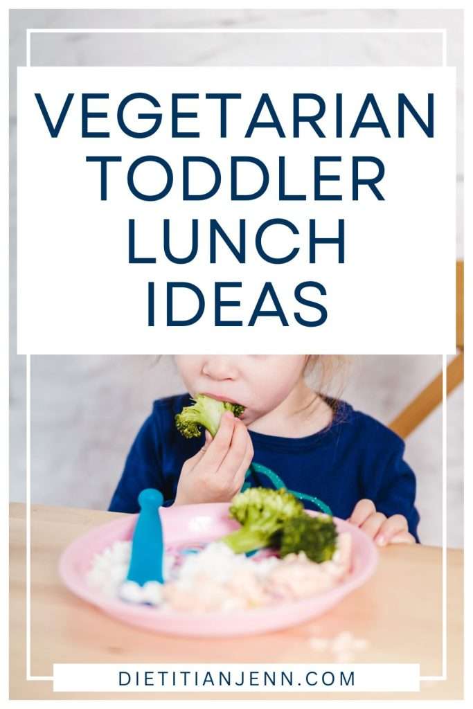 Dark blue text on a white background "Vegetarian Toddler Lunch Ideas" above toddler eating rice and steamed broccoli on a pink plate