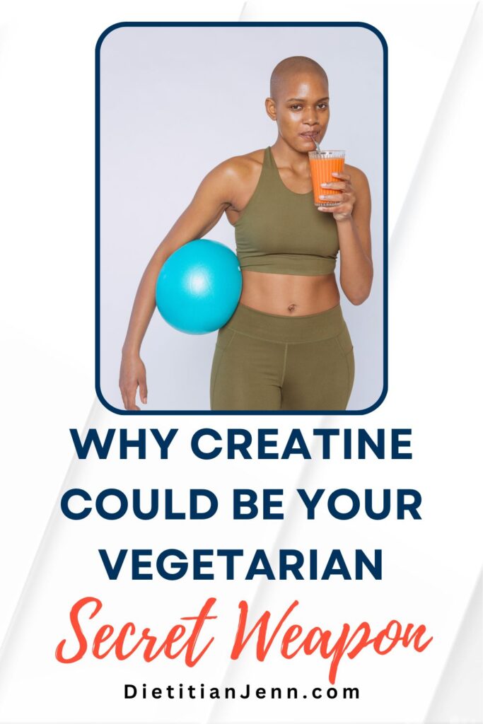 A woman in a olive colored 2 piece gym outfit, holding a medicine ball under one arm and drinking a bright orange smoothie with the other. Text below reads, "Why Creatine Could Be Your Vegetarian Secret Weapon"