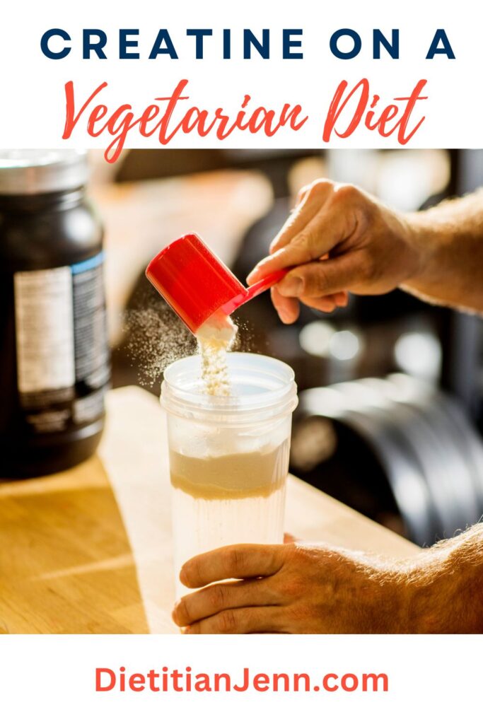 Hands of an older man holding a clear smoothie cup in one hand and adding creatine to the water in it with the other. text above reads, "Creatine on a Vegetarian Diet."