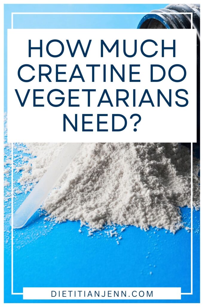 Blue background with a messy mound of white powder and a clear measuring scoop in the middle. Overlaid text reads, "How Much Creatine Do Vegetarians Need?"