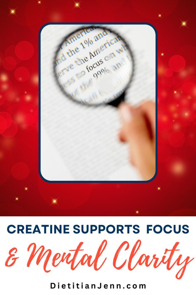A page with very blurry text. A blurry hand is holding a magnifying glass to the text, and the word "focus" is clear in the center. Text below reads, "Creatine Supports Focus & Mental Clarity"