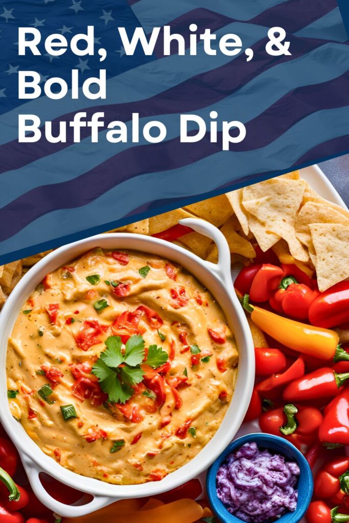 A patriotic spread with Jackfruit Buffalo Dip in a white dish surrounded by red bell peppers, white corn chips, and a blue/purple dip in a blue bowl. text above is overlaid on a faded image of the American flag and reads, "Red, White, & Bold Buffalo Dip"
