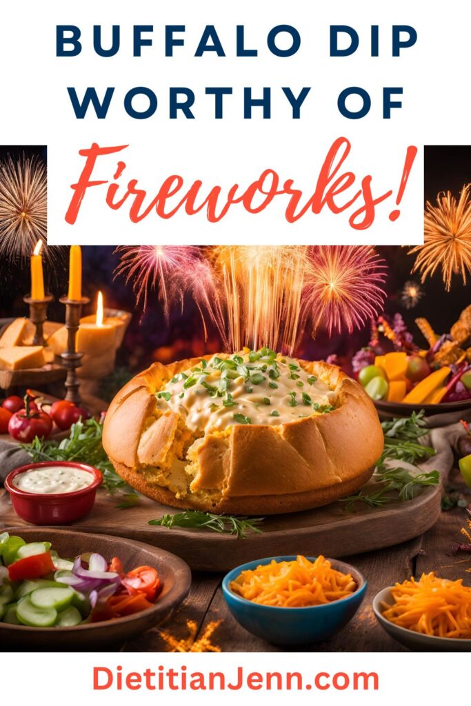Buffalo jackfruit dip served in a hollowed bread bowl with colorful fireworks- in the background. text above reads, "Buffalo Dip Worthy of Fireworks!"