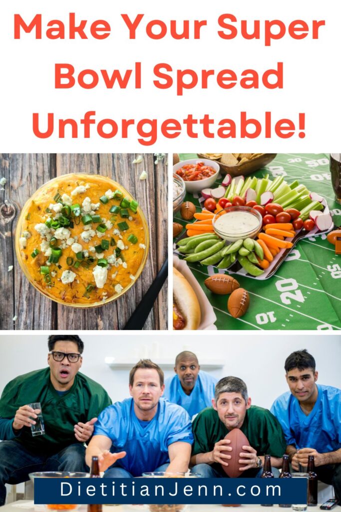 top left: jackfruit buffalo dip in a clear bowl, sprinkled with sliced green onions and blue cheese, on a wooden surface, top right: sliced veggies, chips, and dips on a tablecloth that looks like a football field, bottom: 5 men in generic jerseys, some blue, some green looking apprehensively at the camera, is if it is the tv with the game on. There are beers and snacks on the table in front of them. Red text above reads, "Make Your Super Bowl Spread Unforgettable!"