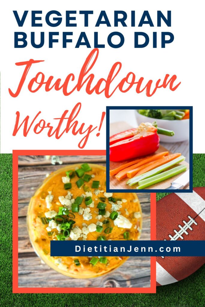 green turf with a football in the background. overlaid is jackfruit buffalo dip in a clear bowl, sprinkled with sliced green onions and blue cheese, on a wooden surface, and veggies sliced on a cutting board. Text above reads, "Vegetarian Buffalo Dip Touchdown Worthy!"