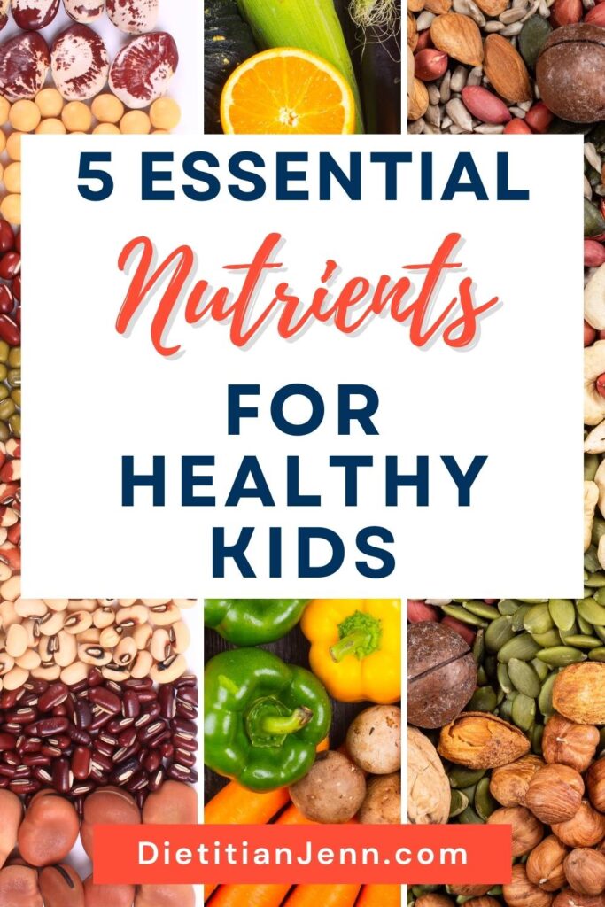 3 images in columns left, dried beans, middle various fruits and veggies, right, various nuts and seeds. overlaid text reads, "5 Essential Nutrients For Healthy Kids"