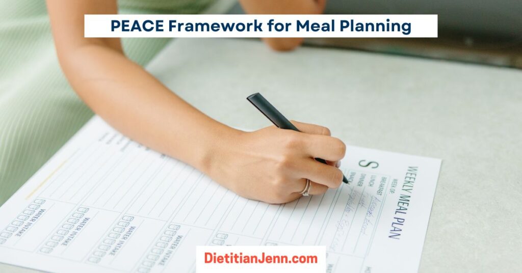 woman's arm writing on a a journal paper titled "Weekly Meal Plan." Overlaid text reads, "PEACE Framework for Meal Planning"