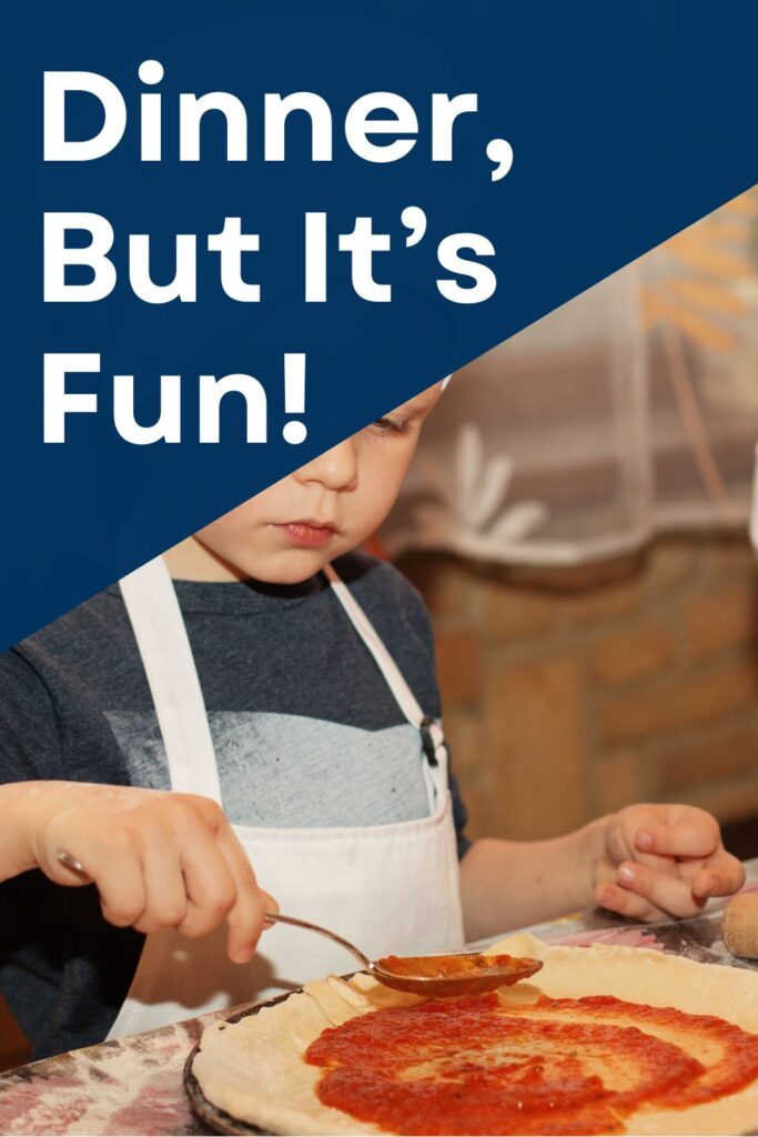 a toddler spreading pizza sauce on raw dough. there is flour covering the table. text above reads, "Dinner, But It's Fun"