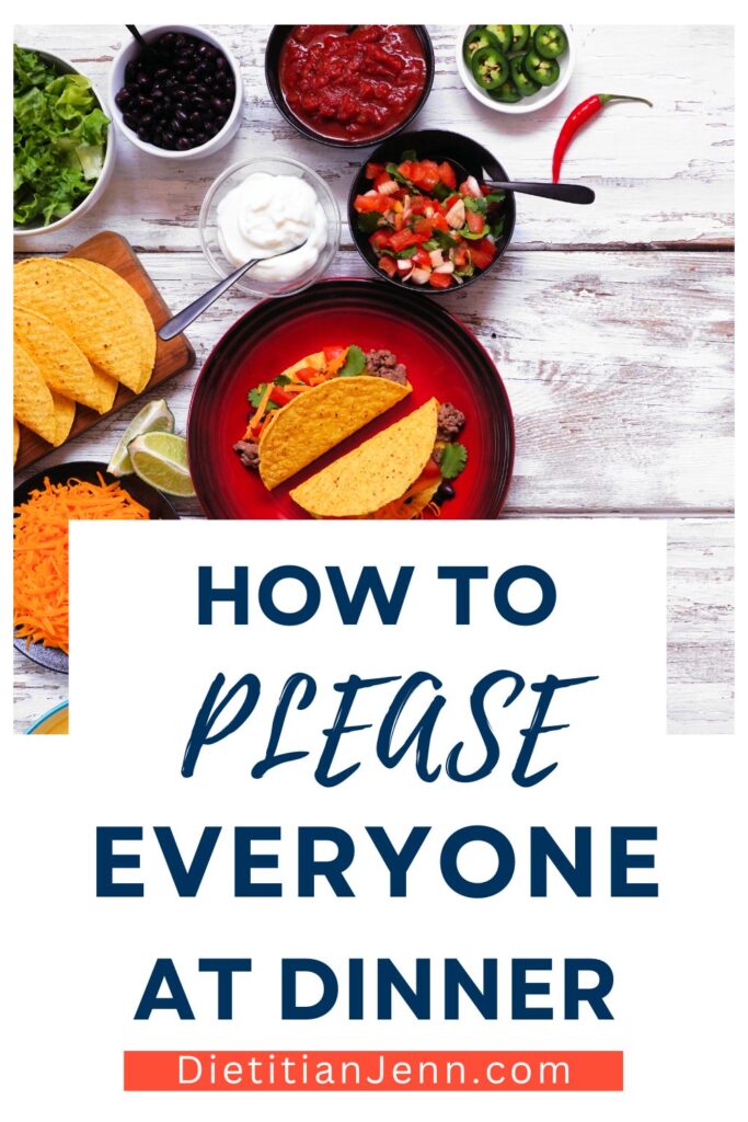 a taco bar laid out on a white wooden surface. text below reads, "How to Please Everyone At Dinner."