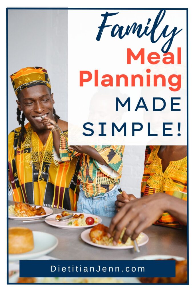 man, woman, and child eating lunch together. overlaid text reads, "Family Meal Planning Made Simple!"