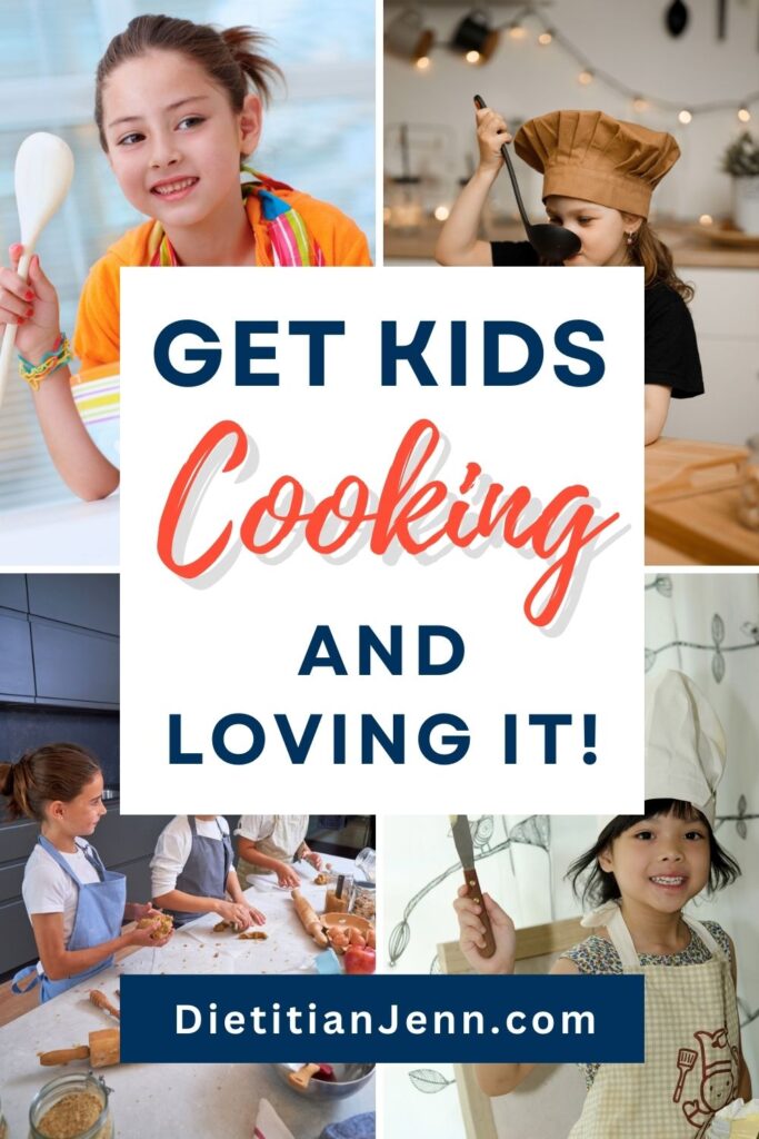 4 images of children, age range 5 to 10, cooking, all smiling. Overlaid text reads, "Get Kids Cooking and Loving It!"