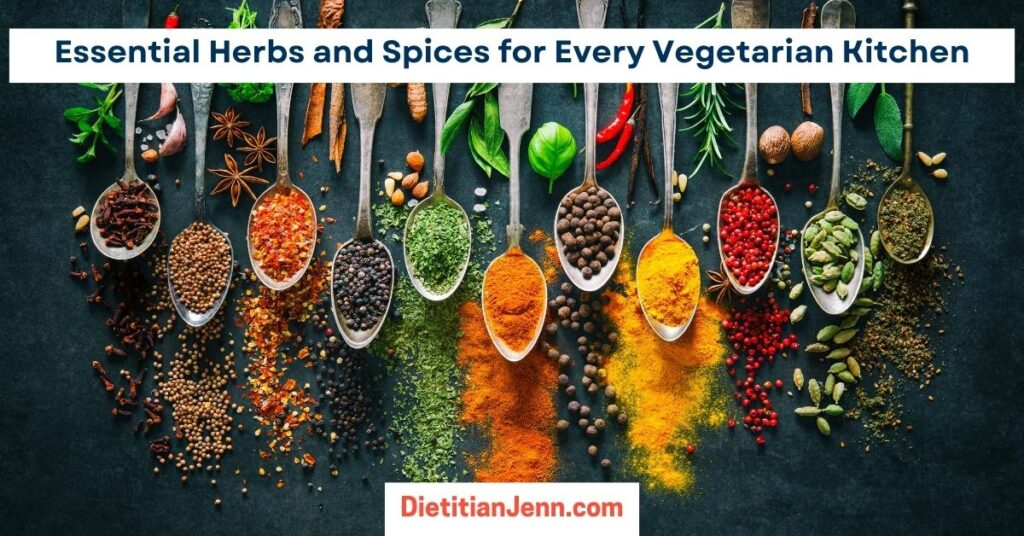 a variety of dried whole and ground seasonings on spoons and scattered before them, on a black surface. Text above reads, "Essential Herbs and Spices for Every Vegetarian Kitchen"