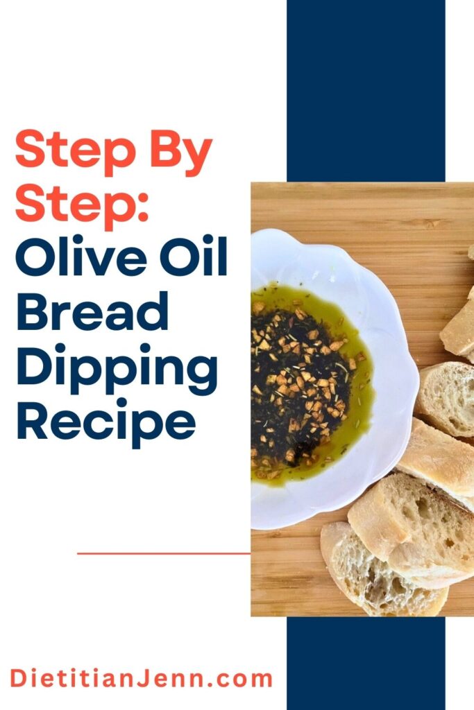 olive oil bread dip in a white bowl stylized like a flower on a light wooden surface, next to a sliced baguette. text to the left reads, "Step by Step: Olive Oil Bread Dipping Recipe"