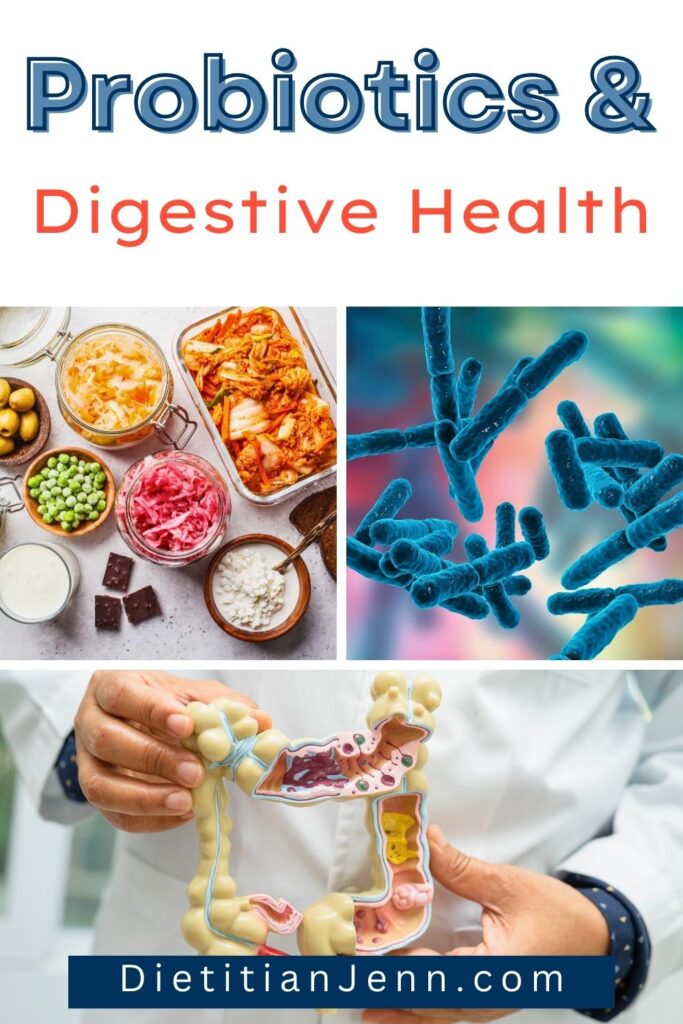 top left: a variety of fermented food in wooden bowls and clear glass containers on a grey surface; top right: 3D blue rod shaped bacteria; bottom: a man in a white lab coat holding a cut-out model of the colon. text above reads, "Probiotics & Digestive Health"