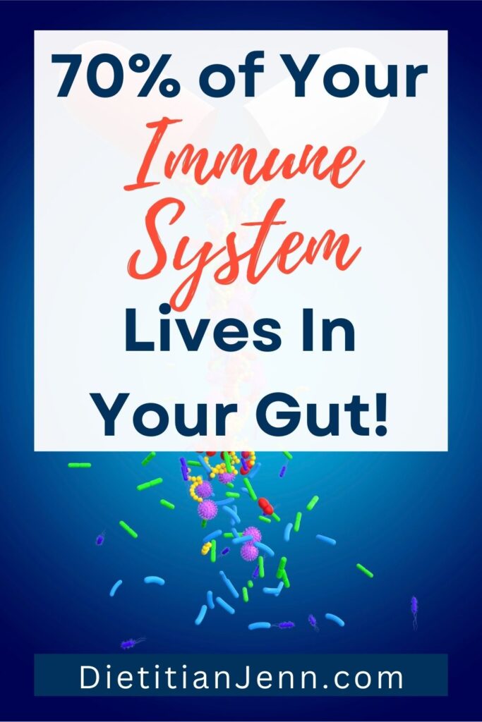 a blue background with 3D CGI bacteria "falling down." overlaid text reads, "70% of your immune system lives in your gut!"