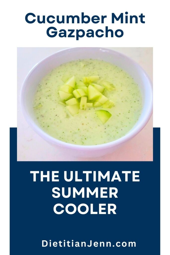 cucumber mint gazpacho in a white bowl, garnished with diced cucumbers, on a white marbled surface. text reads, "Cucumber Mint Gazpacho The Ultimate Summer Cooler"