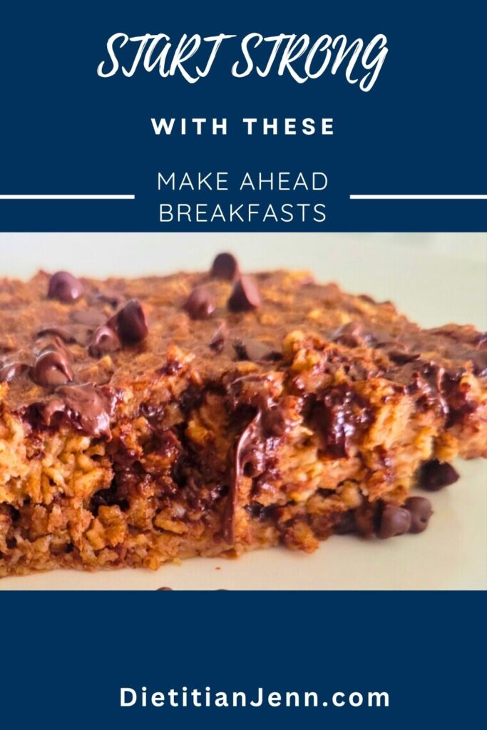 a close up image of a breakfast oatmeal bar with melty chocolate chips. Text above reads, "Start Strong With These Make Ahead Breakfasts"