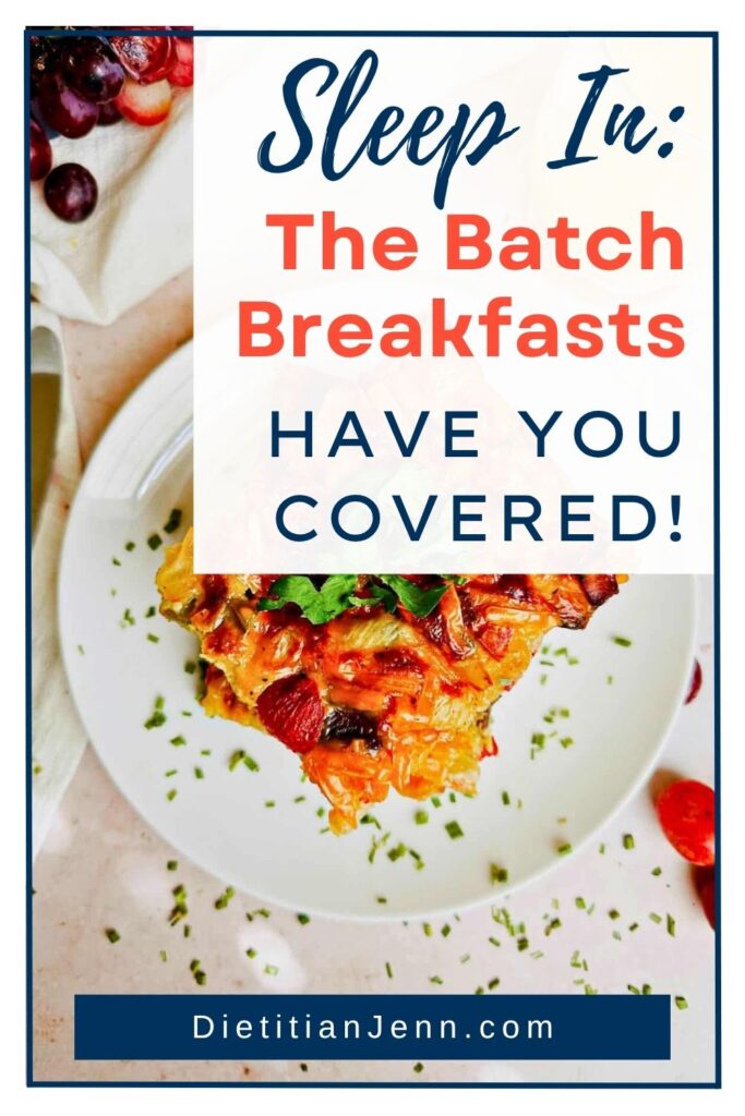 vegan egg casserole on a white dish with chopped chives scattered around. Overlaid text reads, "Sleep In: These Batch Cooking Breakfasts Have You Covered!"