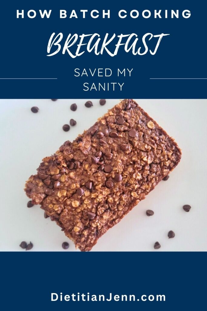 a square of baked oatmeal on a white surface. text above reads, "How Batch Cooking Breakfast Saved My Sanity"