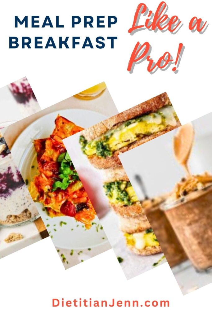 4 images of prepped breakfast laid diagonally over each other. text above reads, "Meal Prep Breakfast Like A Pro!"