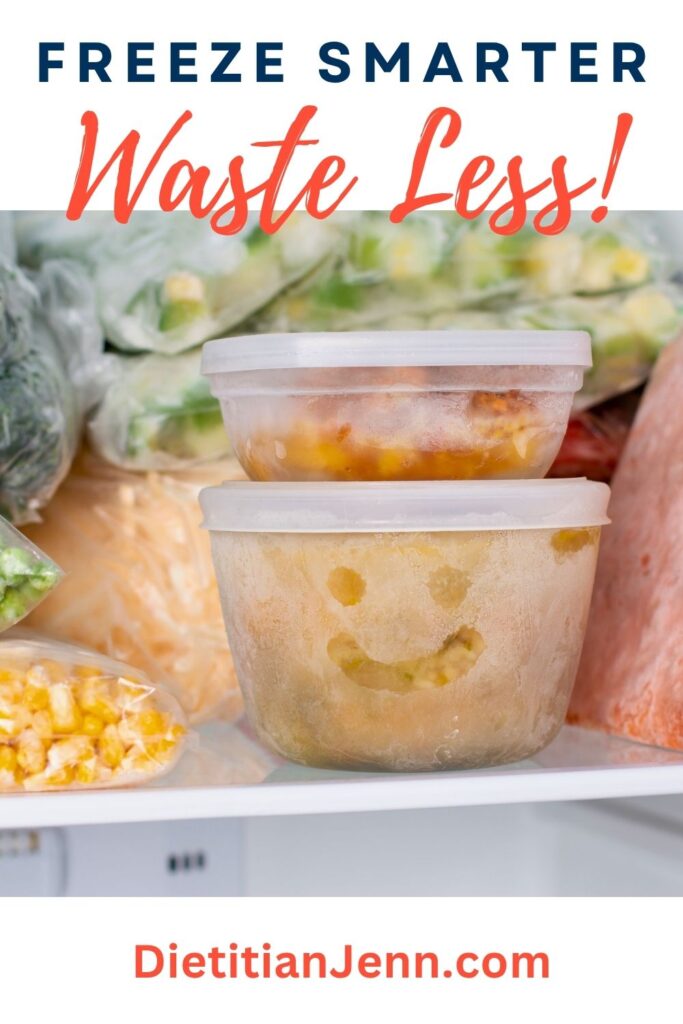 food in a freezer in bags and containers. a finger "drew" a smiley face in the frost on the front container. text above reads, "Freeze Smarter, Waste Less"