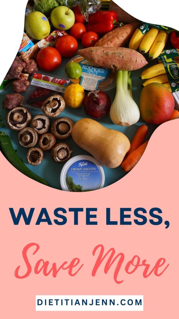 a variety of fruits, veggies, and dips spread on a blue surface. text below reads, "waste less, save more"